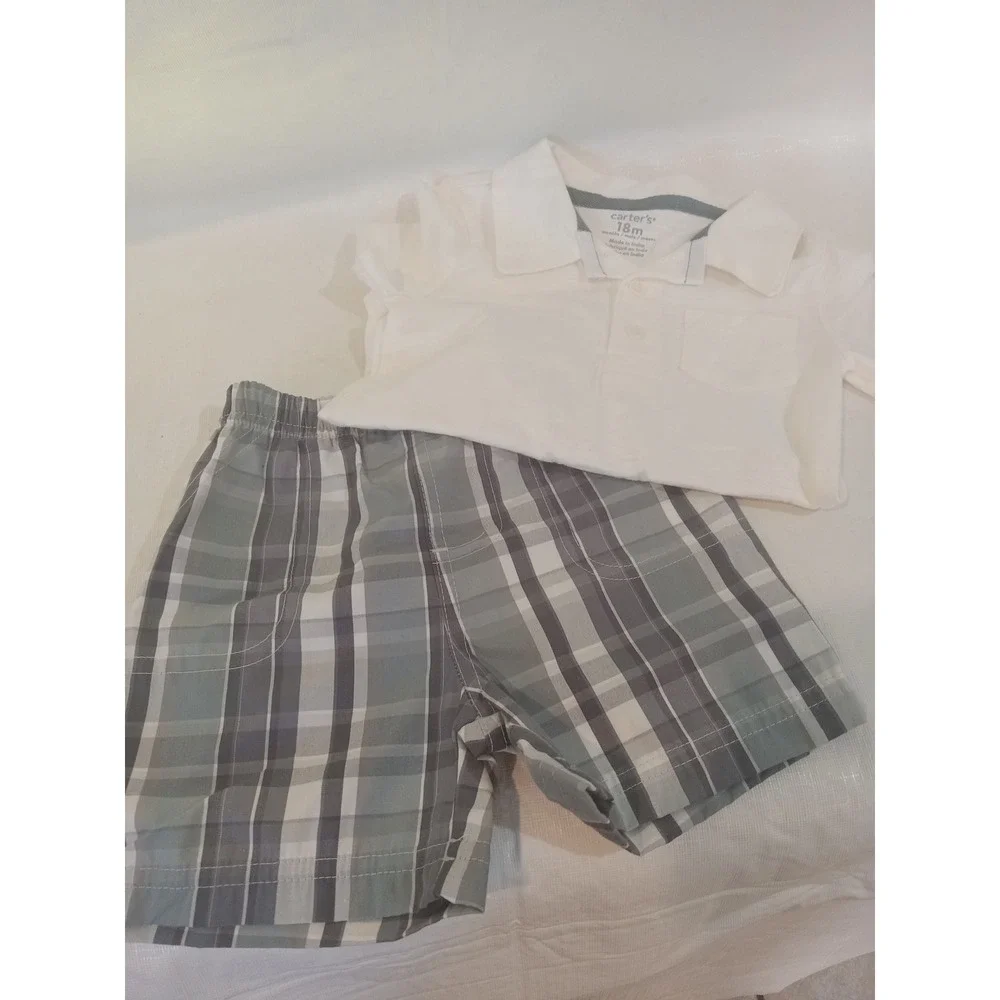 Carters Baby Boy 18M White Polo Bodysuit and Grey Plaid Shorts 2PC Set 1S539910
